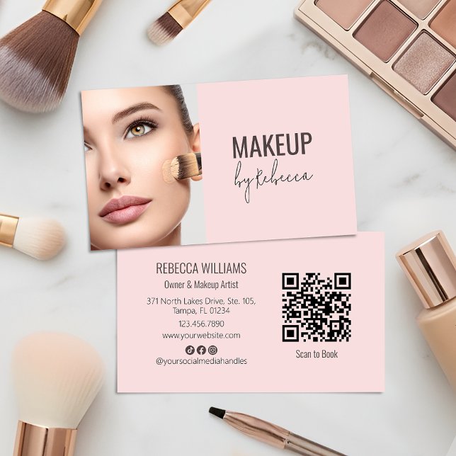 Carte De Visite Modern Blush Pink Script Font QR Code Photo Makeup (Modern blush pink with photo and QR code - ideal for makeup artists and beauty businesses)