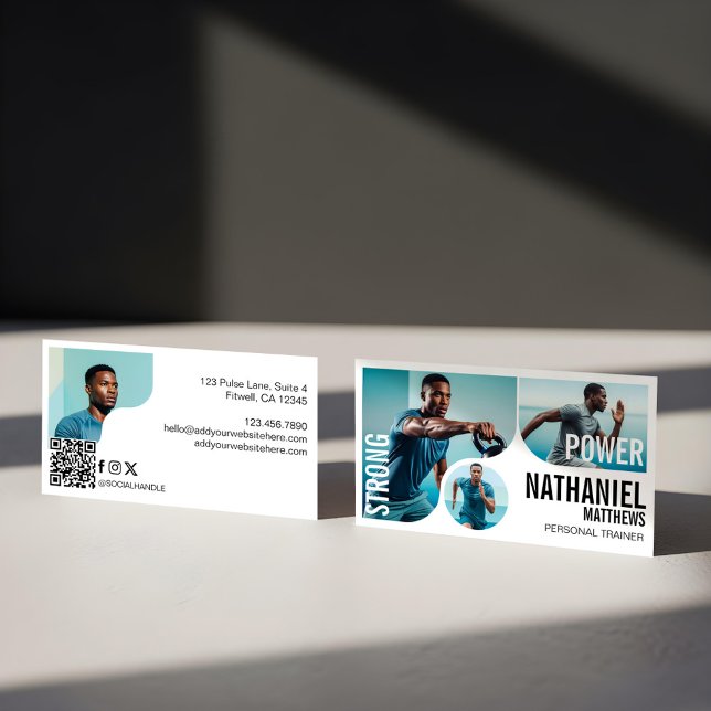 Carte De Visite Modern Bold Personal Trainer Fitness Photos QR (Trendy Wavy Photo Frame Personal Trainer Fitness Business Card)