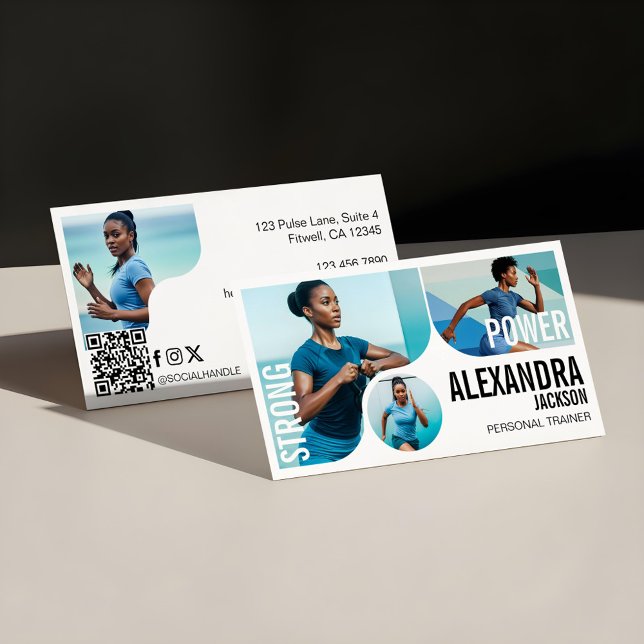 Carte De Visite Modern Bold Personal Trainer Fitness Photos QR  (Trendy Wavy Photo Frame Personal Trainer Fitness Business Card)