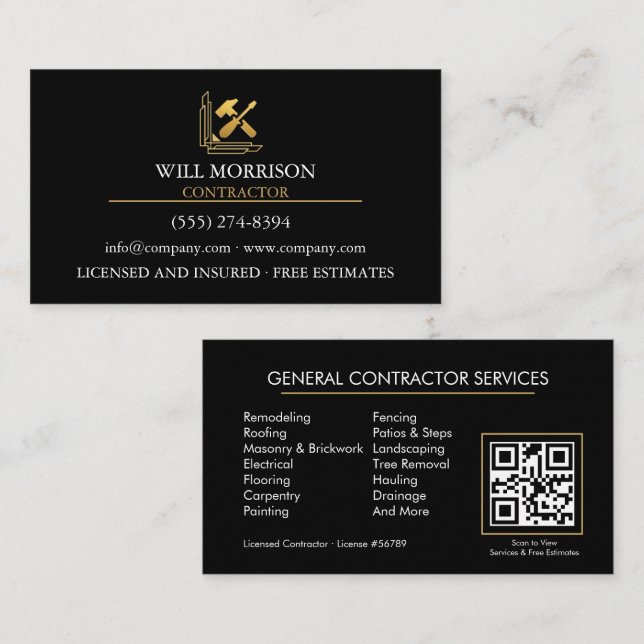 Carte De Visite Modern Building Construction Golden & Black  (Devant / Derrière)