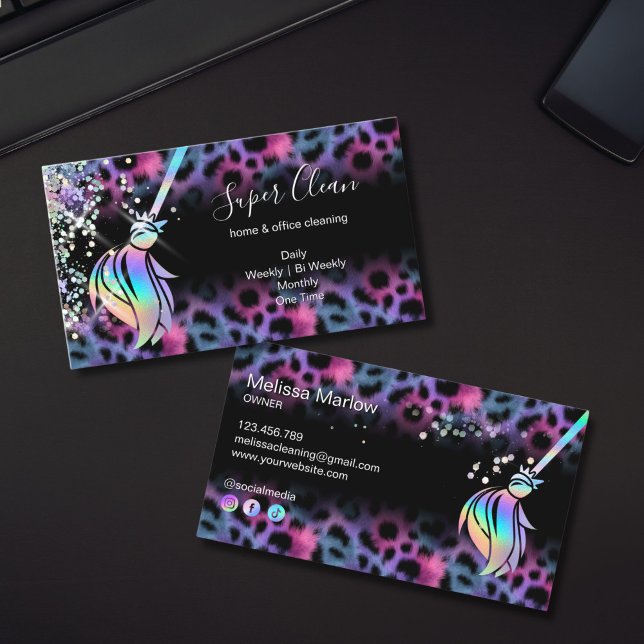 Carte De Visite Modern Chic Maid Cleaning House Holograph Leopard (holographic leopard cleaning services business card)