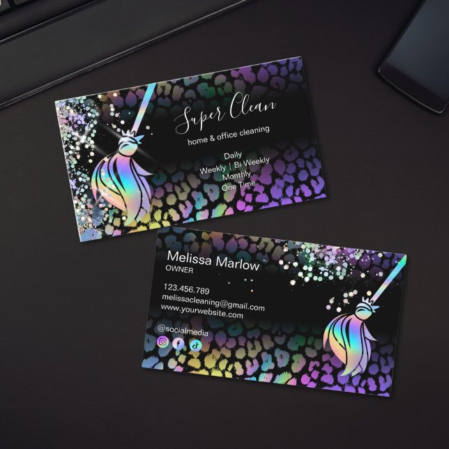 Carte De Visite Modern Chic Maid Cleaning House Holograph Leopard (holographic leopard texture cleaning services business cards)