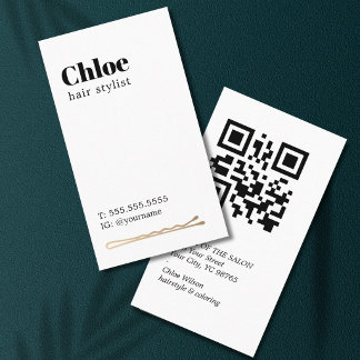 Carte De Visite Modern Clean Black White Golden Hair Pin Salon QR 