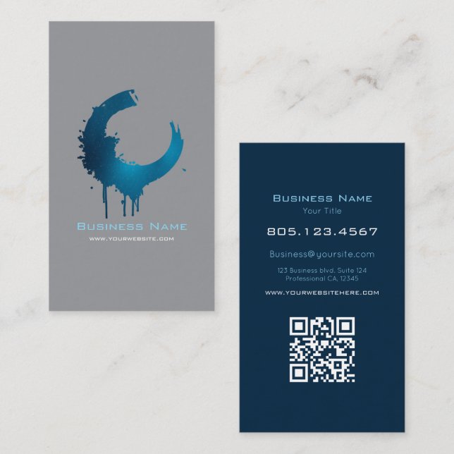 Carte De Visite Modern Dark Grey & Blue Paint Swirl | Custom (Devant / Derrière)