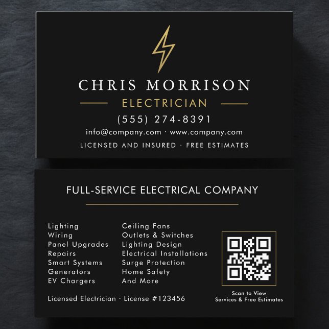 Carte De Visite Modern Electrician QR Code Black Gold Minimal (Créateur téléchargé)