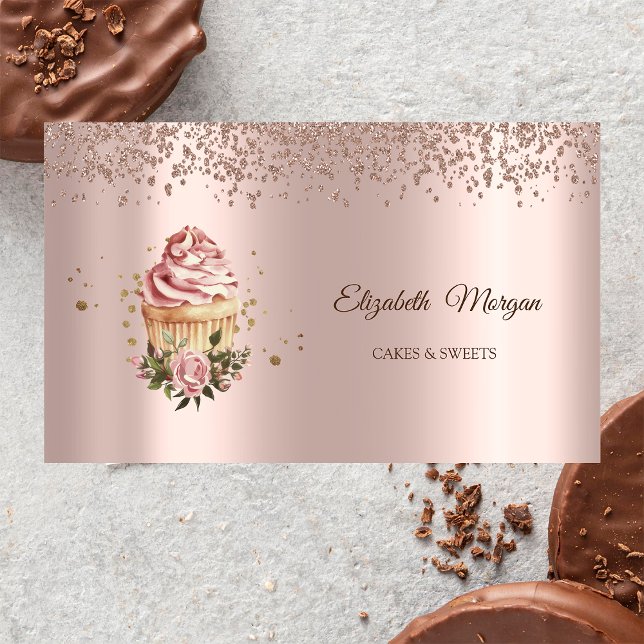 Carte De Visite Modern Elegant Rose Gold Diamonds Floral Cupcake (Créateur téléchargé)