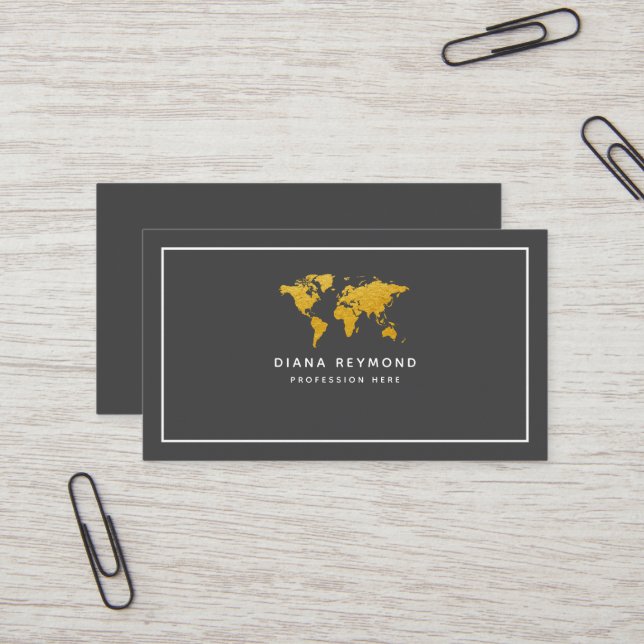 Carte De Visite Modern Elegant World Map Dark-Gray (Devant/Arrière en situation)