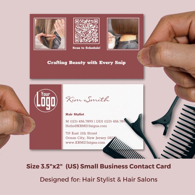 Carte De Visite Modern Gallery QR Hair Stylist Burgundy & White  (Modern Gallery QR Hair Stylist Burgundy & White Business Card; Size 3.5x2 Inch (US))