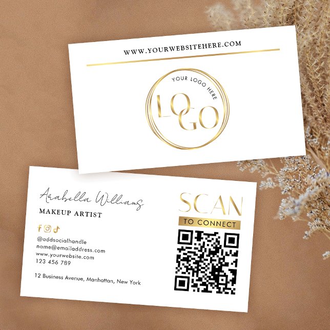 Carte De Visite Modern Glam Gold Logo Makeup Beauty Salon QR Code (Modern white and gold business cards with scannable QR code and your custom logo)