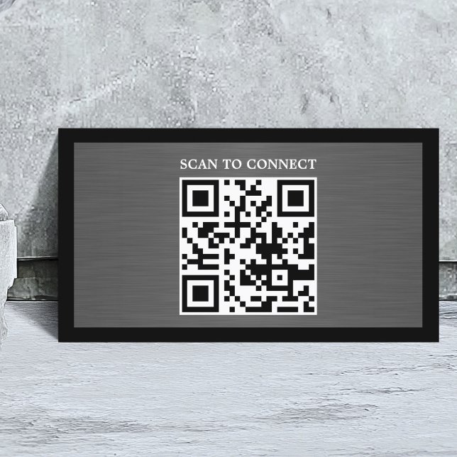 Carte De Visite Modern Grey Faux Metal Black QR Code Bold (Créateur téléchargé)