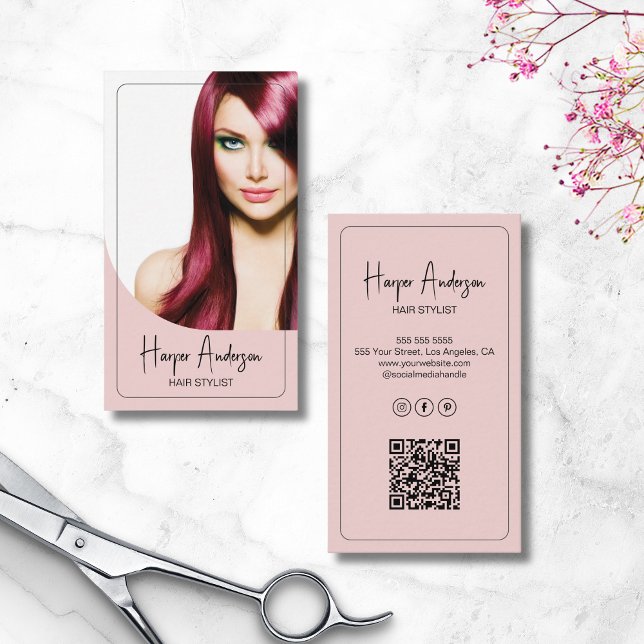 Carte De Visite Modern Hair Stylist Salon Photo QR Pink (Modern Hair Stylist Salon Photo QR Pink Business Card)