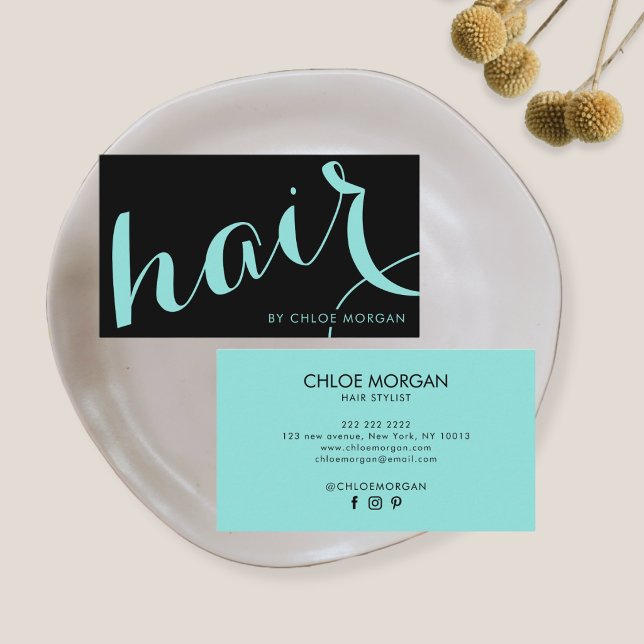 Carte De Visite Modern hair stylist script black and blue (Créateur téléchargé)