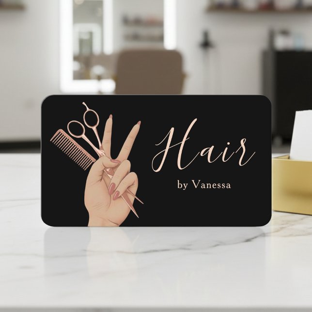 Carte De Visite Modern Hairstylist Hairdresser Black Rose Gold (Créateur téléchargé)