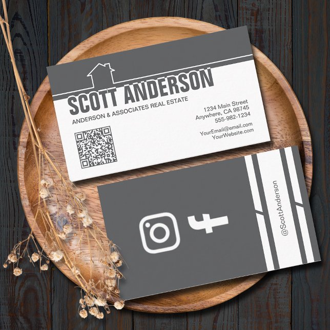 Carte De Visite Modern Home Logo Social Media QR Code Grey (Home logo QR Code social media grey-white business cards - real estate, cleaning, construction)