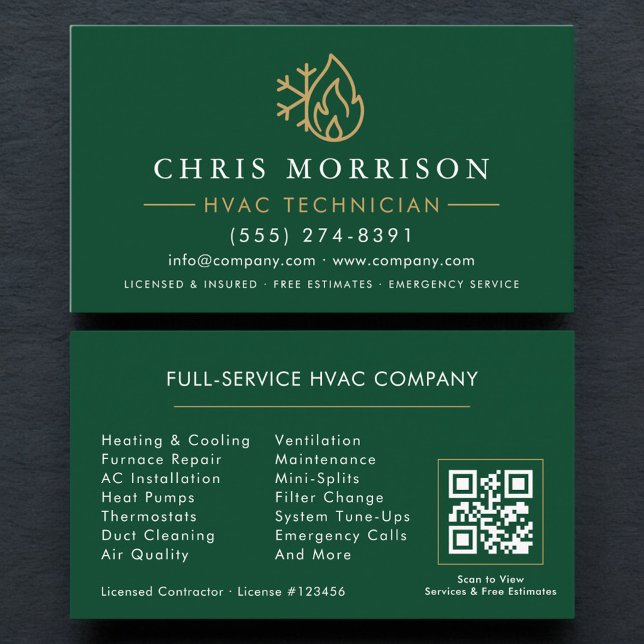 Carte De Visite Modern HVAC Green Gold QR Code (Créateur téléchargé)