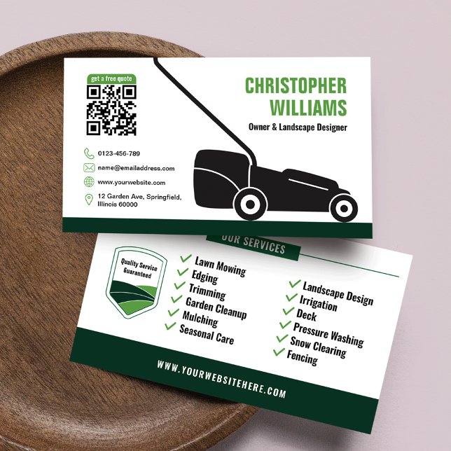 Carte De Visite Modern Landscaping Lawn Mowing White Green QR Code (Modern Landscaping Lawn Mowing White Green QR Code Business Card)
