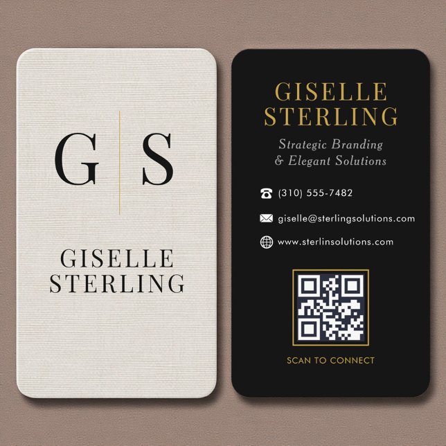 Carte De Visite Modern Linen Gold Monogram QR Code (Créateur téléchargé)