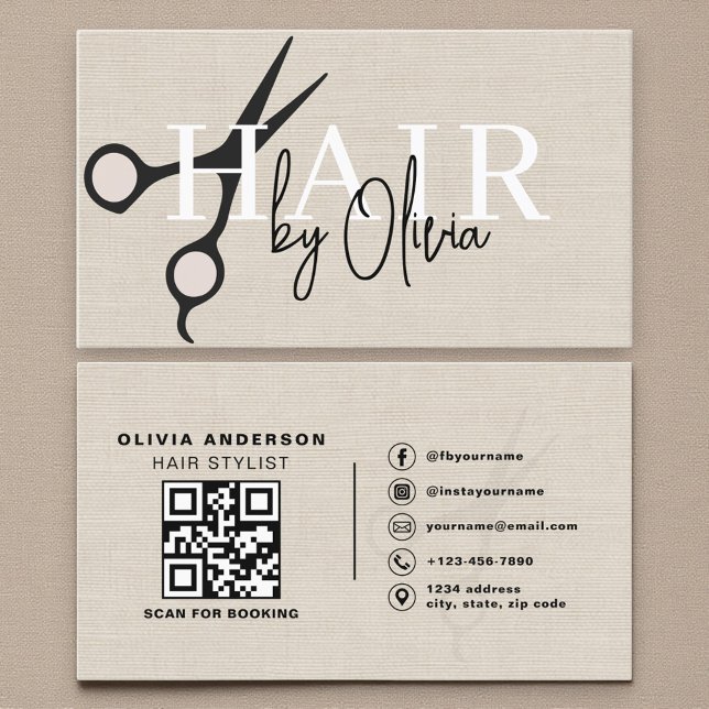 Carte De Visite Modern Linen Scissors QR Code Hair Stylist  (Créateur téléchargé)