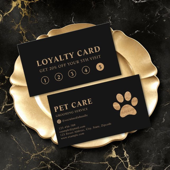 Carte De Visite Modern Luxury Black Gold Pet Paw Loyalty Card (professional premium black gold modern pet grooming service loyalty card)