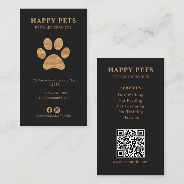 Carte De Visite Modern Luxury Charcoal Gold Paw Pet Care Services (Devant / Derrière)