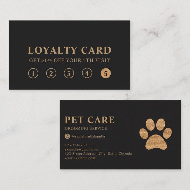Carte De Visite Modern Luxury Charcoal Gold Pet Paw Loyalty Card (Devant / Derrière)