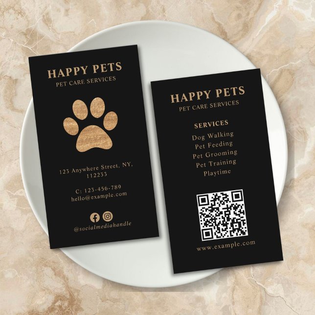 Carte De Visite Modern Luxury Golden Black Paw Pet Care Services (qr code personalized pet grooming service business card)