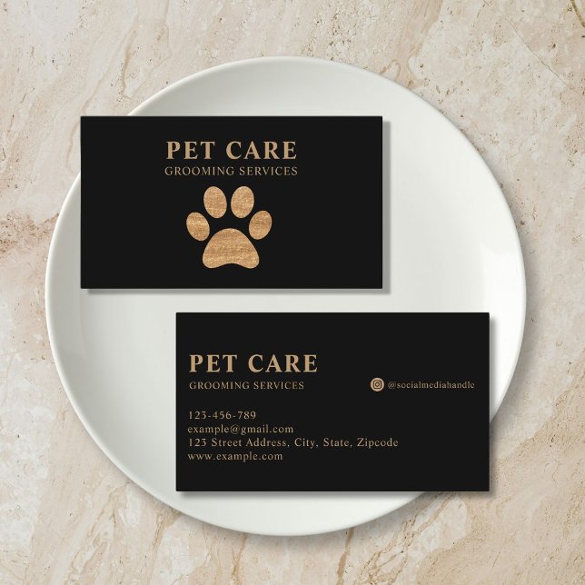 Carte De Visite Modern Luxury Golden Black Paw Pet Grooming (modern black gold paw pet grooming business card)