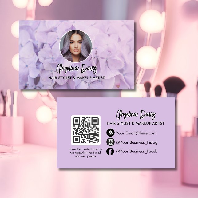 Carte De Visite Modern makeup floral purple photo qr code (Créateur téléchargé)