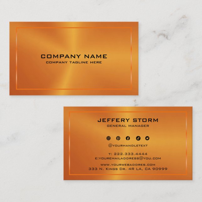 Carte De Visite Modern Metallic Orange Texture Black Typography (Devant / Derrière)