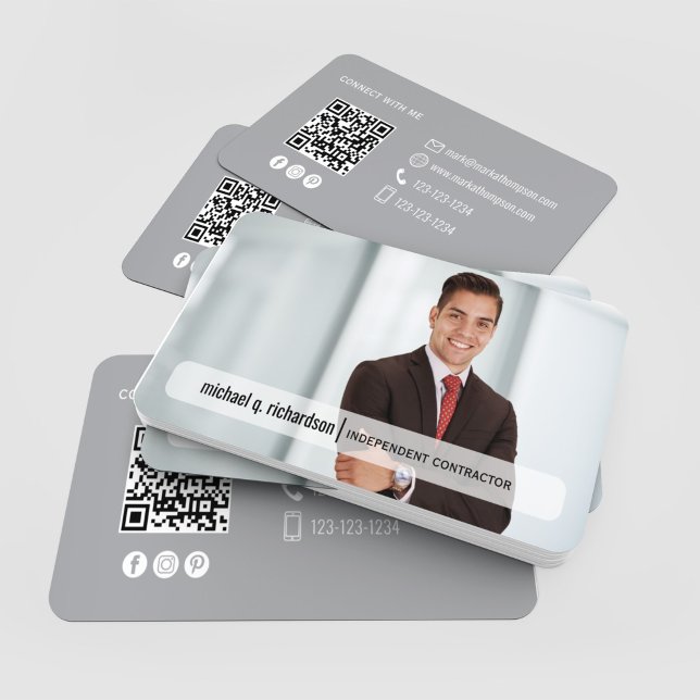 Carte De Visite Modern Minimal QR Code Photo Contact Card (Professional photo contact card with QR code, sleek gray layout and modern branding)
