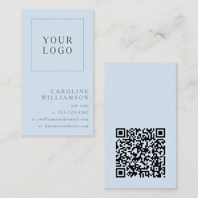 Carte De Visite Modern Minimal Vertical Logo QR Code Soft Blue (Devant / Derrière)