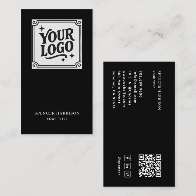 Carte De Visite Modern Minimalist Black QR Code Logo Social Media (Devant / Derrière)
