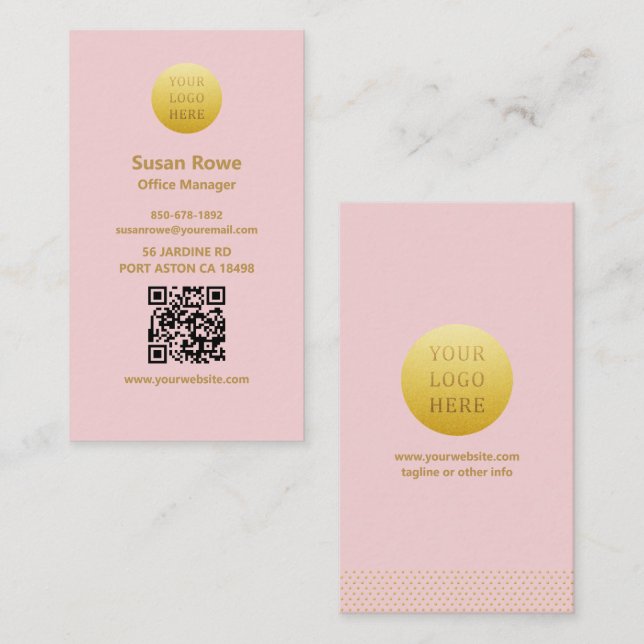 Carte De Visite Modern Minimalist Blush Pink and Gold QR Code (Devant / Derrière)