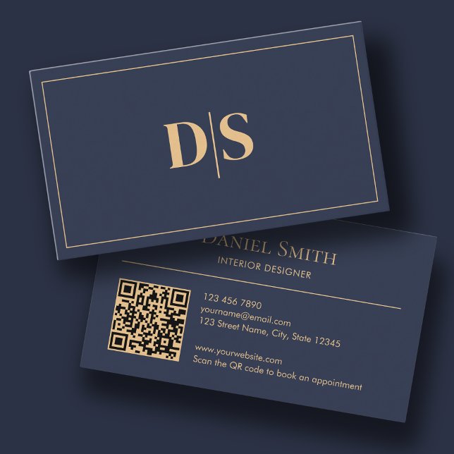 Carte De Visite Modern Minimalist Dark Blue Initials QR Code (Modern Minimalist Business Card Initial Dark Blue)