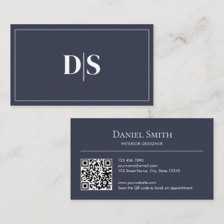 Carte De Visite Modern Minimalist Dark Gray White Initials QR Code