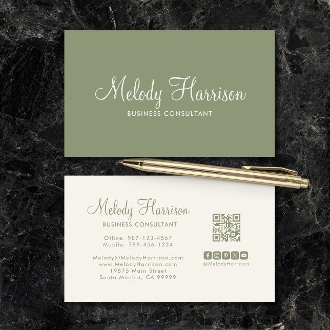 Carte De Visite Modern Minimalist Elegant Sage Green QR Code (Modern Minimalist Elegant Sage Green QR Code Business Card with Social Media Icons on the Back.)