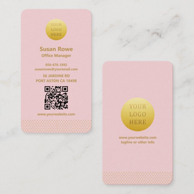 Carte De Visite Modern Minimalist Pink and Gold Dots QR Code (Devant / Derrière)