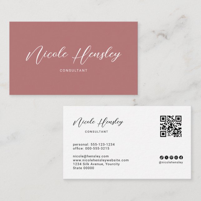 Carte De Visite Modern Minimalist QR Code Dusty Rose Professional (Devant / Derrière)