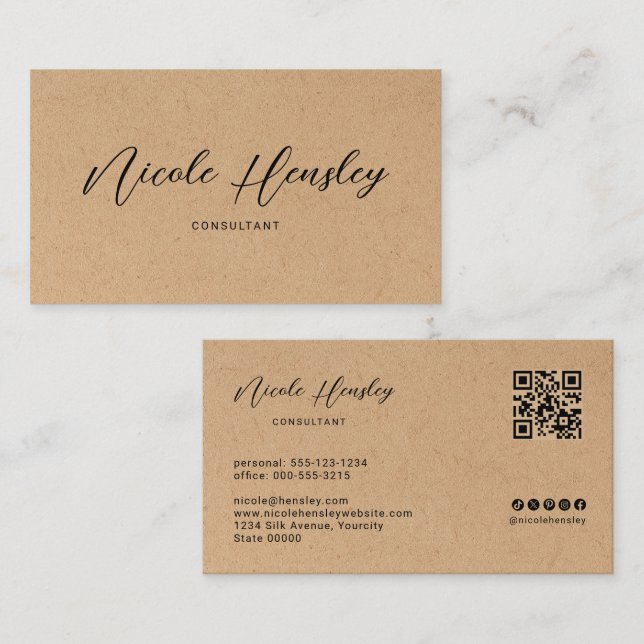 Carte De Visite Modern Minimalist QR Code Rustic Kraft Paper Print (Devant / Derrière)