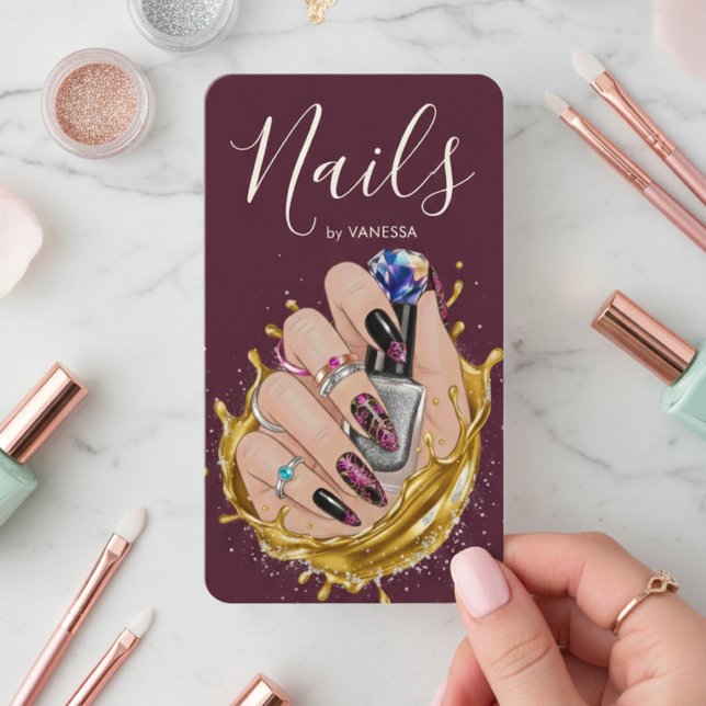 Carte De Visite Modern Nail Art Studio Burgundy Manicurist Artist (Créateur téléchargé)