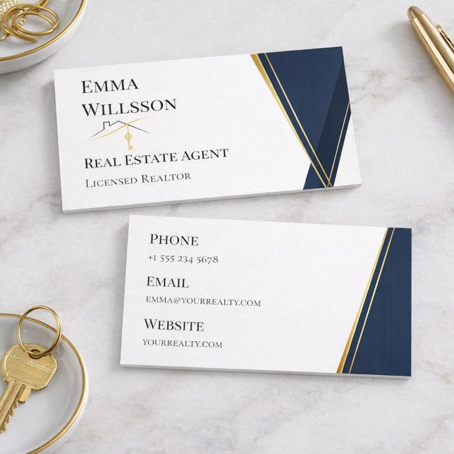 Carte De Visite Modern Navy Gold Luxury Realtor Branding (Créateur téléchargé)
