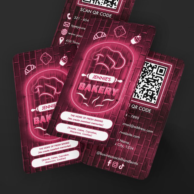Carte De Visite Modern Neon Pink Bakery Chef’s Hat Logo Glowing (Créateur téléchargé)