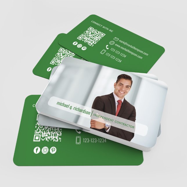 Carte De Visite Modern Olive Green QR Code Photo Networking Card (Modern green QR code card with clean white contact details and social icons)
