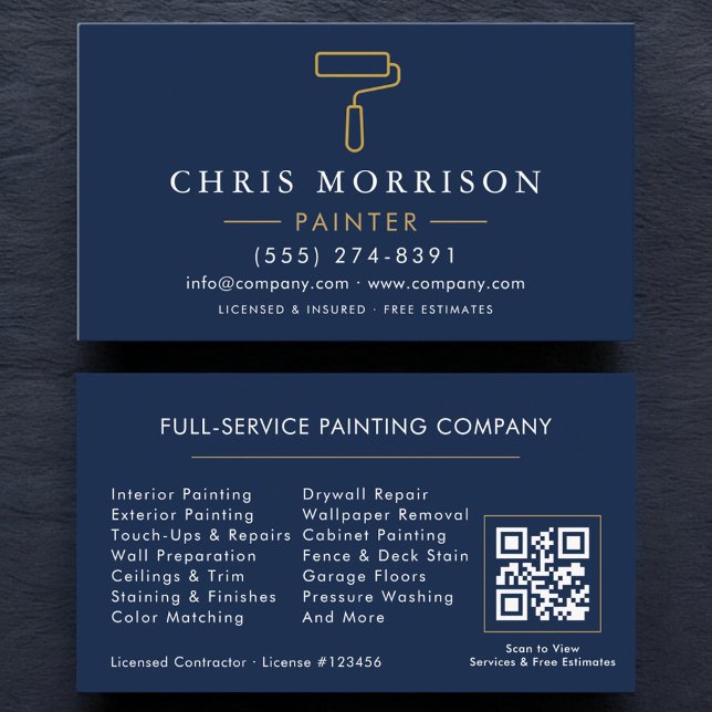 Carte De Visite Modern Painter Navy Blue Gold QR Code (Créateur téléchargé)