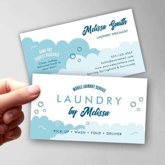 Carte De Visite Modern Pick-Up Laundry Service Blue & White (Modern white and blue pick-up laundry services and laundromats business cards)