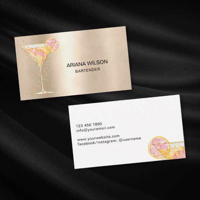 Carte De Visite Modern Pink Bartender Cocktail Bow Bar Club Event (PINK AND YELLOW MARTINI GLASS WITH GOLD GLITTER)