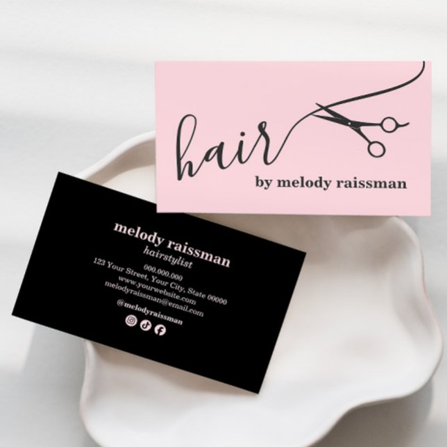 Carte De Visite Modern Pink Black Hairstylist Script Business Card (Créateur téléchargé)