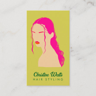 Carte De Visite Modern Pink Lime Green Hair Styling Flat Design QR