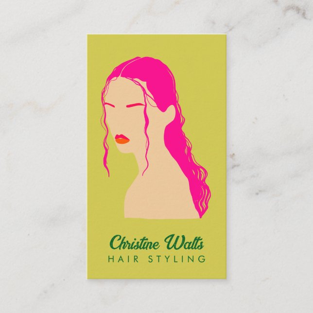 Carte De Visite Modern Pink Lime Green Hair Styling Flat Design QR (Devant)