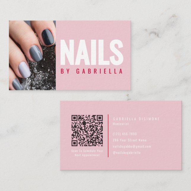 Carte De Visite Modern Pink Nail Technician QR Code Photo (Devant / Derrière)